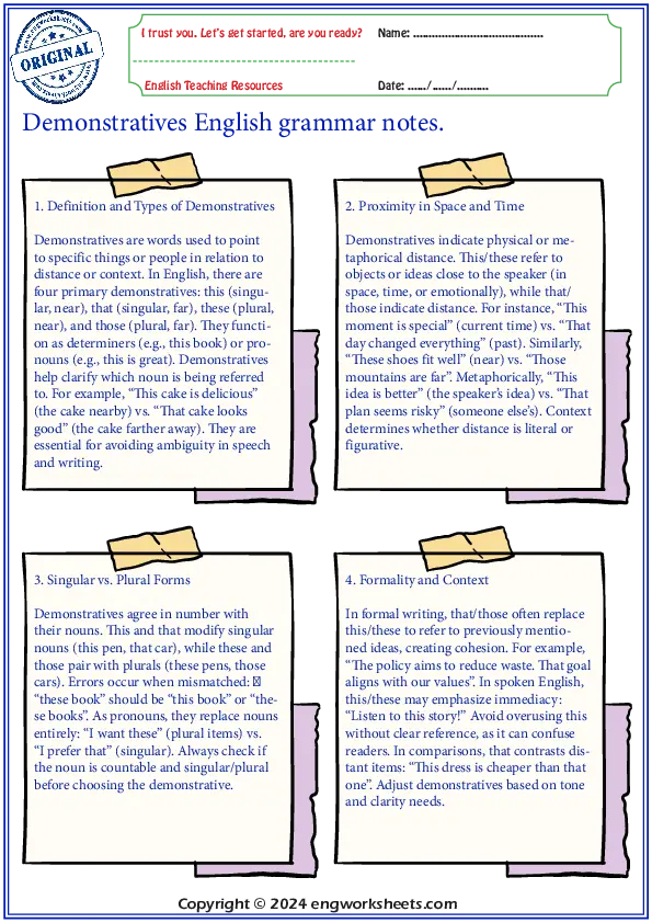 Demonstratives English grammar notes. Worksheet Preview
